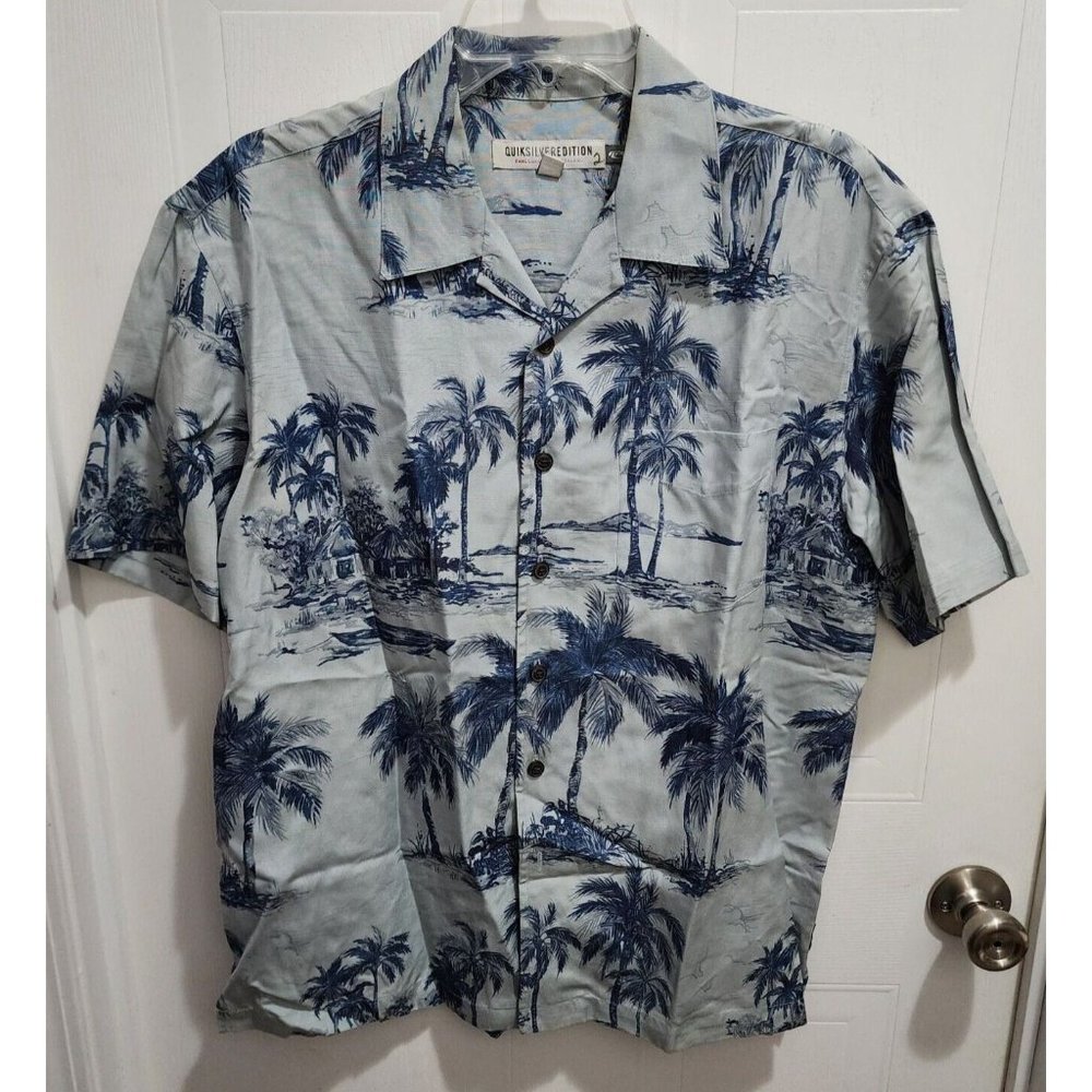 Quicksilver "Silver Edition" Mens Hawaiian Shirt - Blue Island Palm Print Size S
